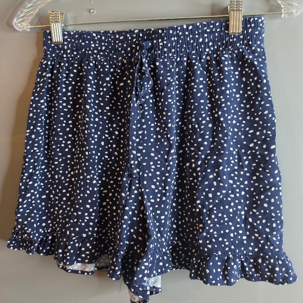 CeCe Navy Blue White Polka Dot Ruffle Hem Elastic Waist Shorts XS